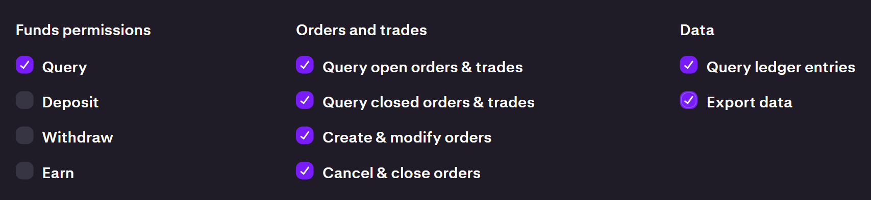 Kraken API key permissions example